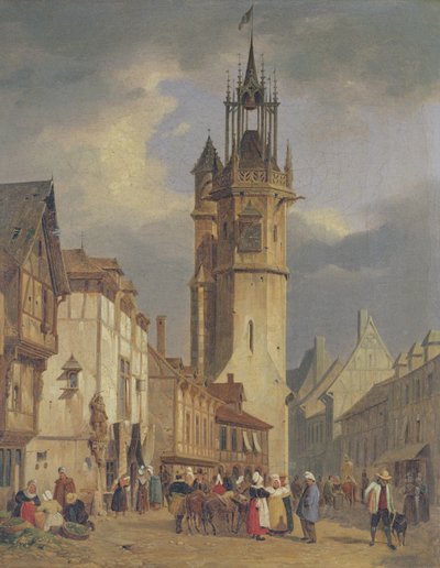 Escena de un pueblo francés con una torre de campana de German School